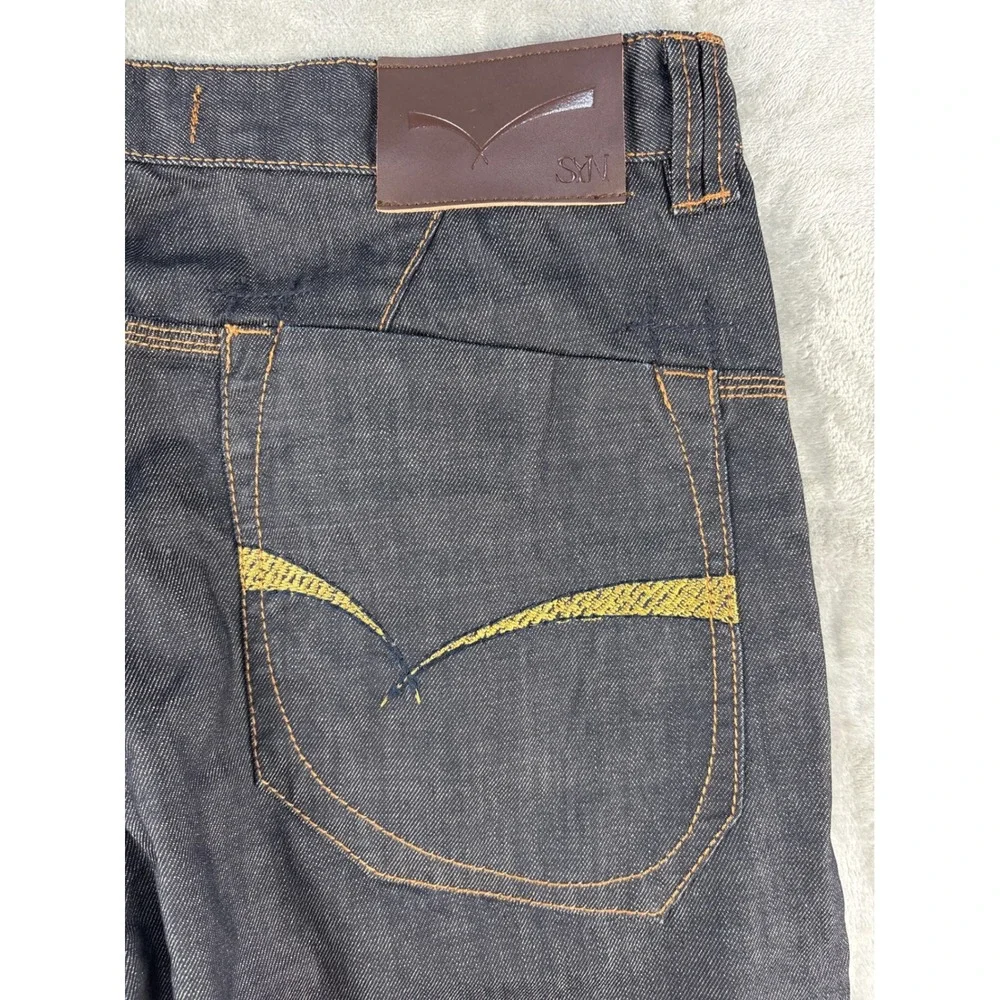 SYN Jeans Mens 34x32 Dark Wash Denim Streetwear Embroidered Straight Leg Pants